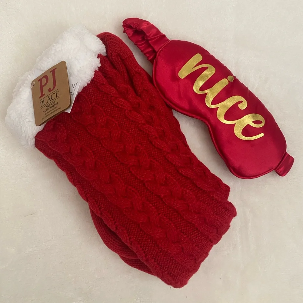 Red Knit Slipper Socks with Nice/Naughty Sleep Mask